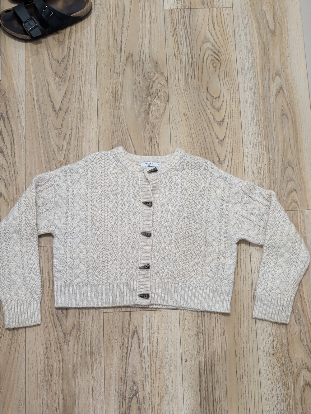NA-KD Cable Knit Cream Cardigan Crop Sweater, Sz Small